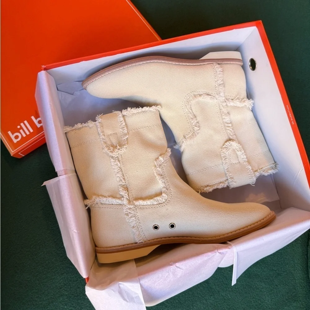 nib BILL BLASS “BB Turbo Boot” White Canvas Frayed Edge Bootie Boots size 6.5 - Picture 4 of 12